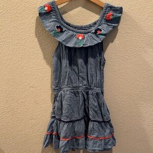 Boden Denim Dress with Red and Blue Floral Accents, Cotton, Size: 6-7, 122 cm